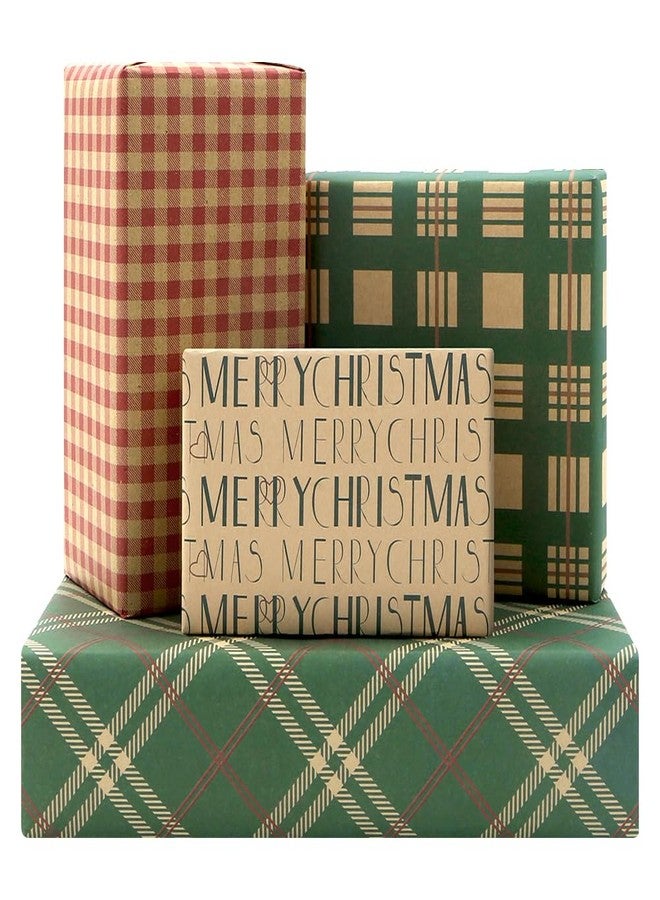 Boerni Christmas Plaid Gift Wrapping Paper - 4 Sheets, Green and Red, 28 * 20 Inch for Xmas, New Year, Birthday, Wedding - Merry Christmas Kraft Paper for Men, Women, Boys, Girls - Image 1